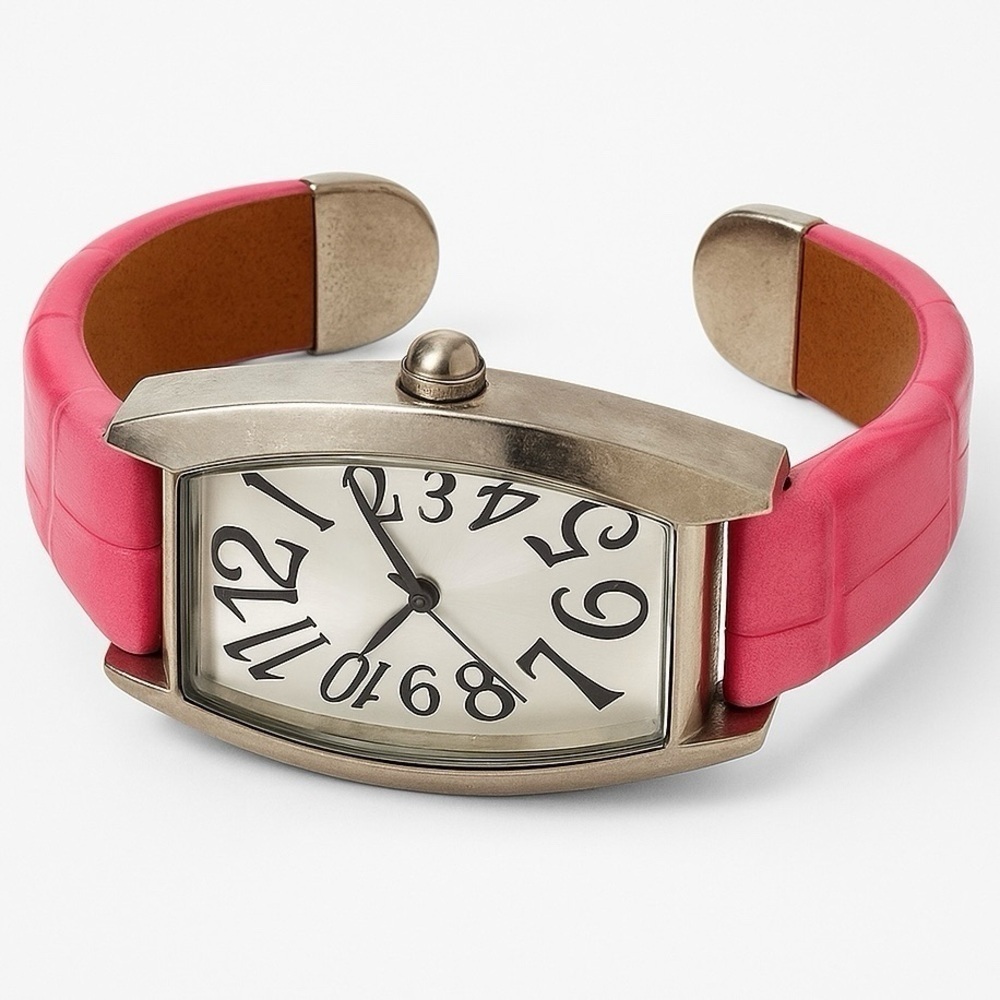 Pink Cuff Watch With Wide Metal Frame
